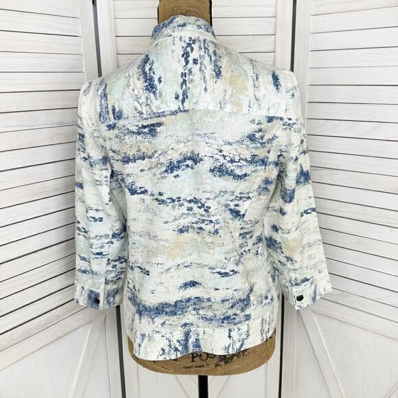 Chico’s Watercolor Linen Blend Open Front Topper Jacket White Blue Small - Picture 4 of 14
